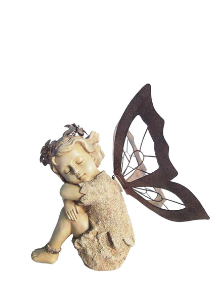Resting Fairy Statue with Metal Wings