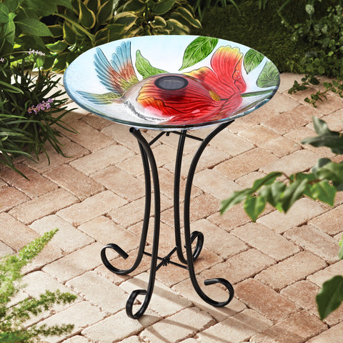 SOLAR LED FLORAL GLASS BIRD BATH WITH STAND - HUMMINGBIRD & LARGE POPPY