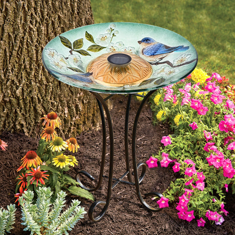 SOLAR LED FLORAL GLASS BIRD BATH WITH STAND - BLUE BIRD & PEACH BLOSSOM