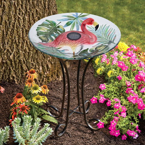 SOLAR LED VERDANT GLASS BIRD BATH WITH STAND - FLAMINGO