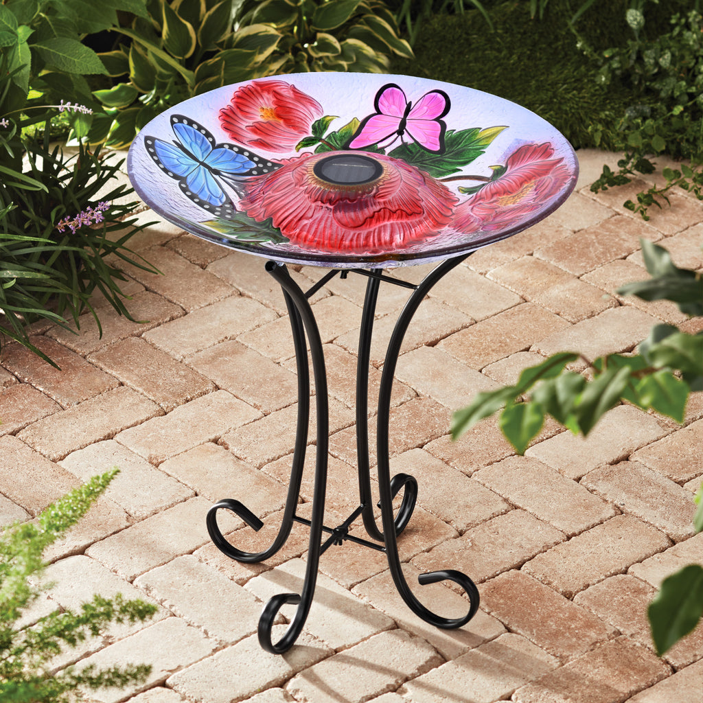 SOLAR LED FLORAL GLASS BIRD BATH WITH STAND - BUTTERFLIES & PEONIES