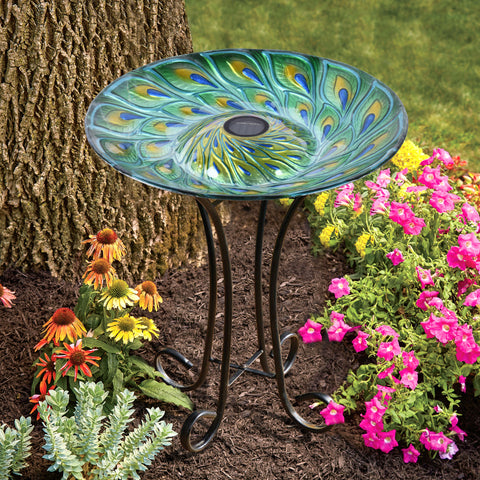SOLAR GLASS TURQUOISE PEACOCK FEATHERS BIRD BATH WITH STAND