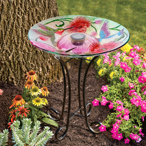 SOLAR LED FLORAL GLASS BIRD BATH WITH STAND - HUMMINGBIRD & POPPIES