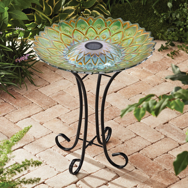 SOLAR PEACOCK GREEN GEOMETRIC GLASS BIRD BATH WITH STAND
