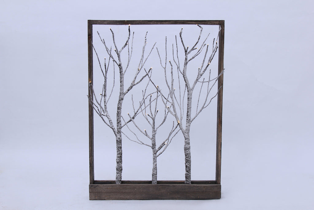 Frame-Brown Trees with Snow 32 LED light, Warm White, 3AA Battery, Indoor Use Only