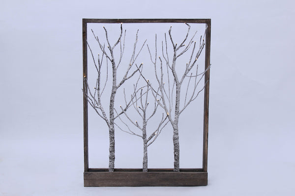 Frame-Brown Trees with Snow 32 LED light, Warm White, 3AA Battery, Indoor Use Only