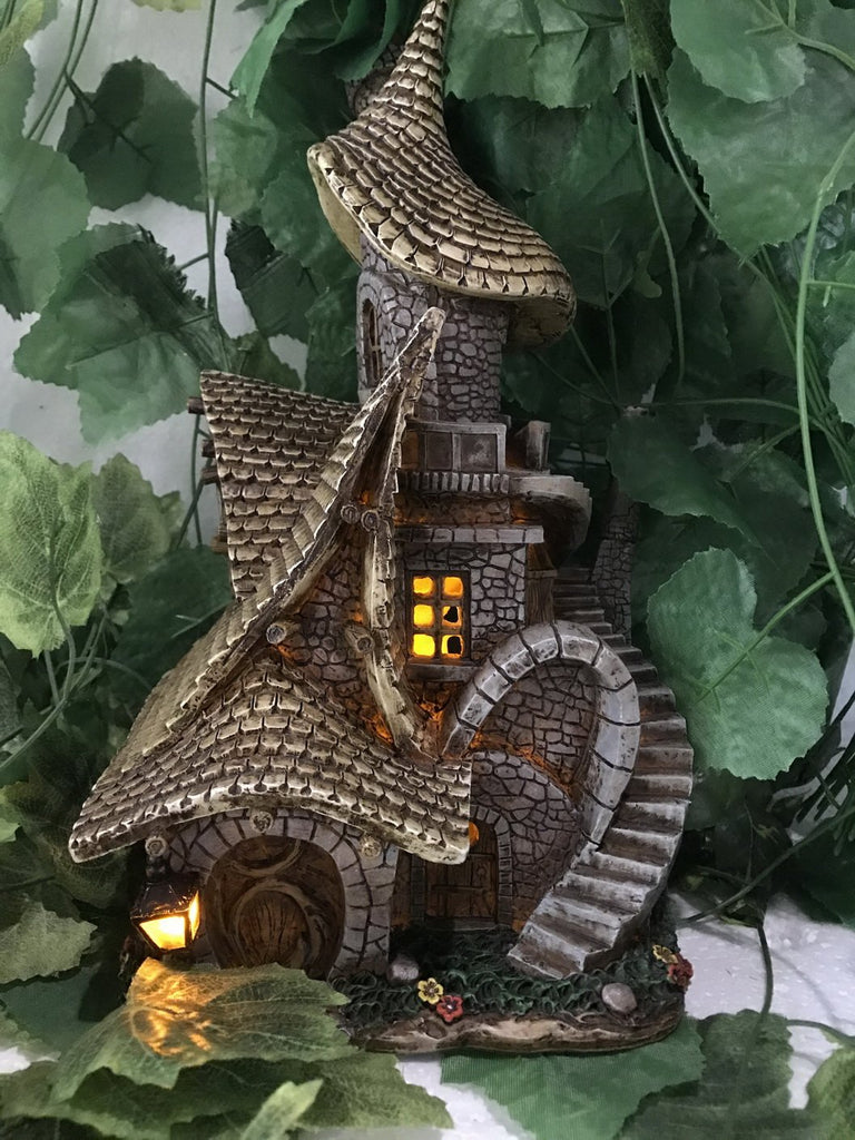 Fairy Garden House with Crooked Roof-Staircase and Lights
