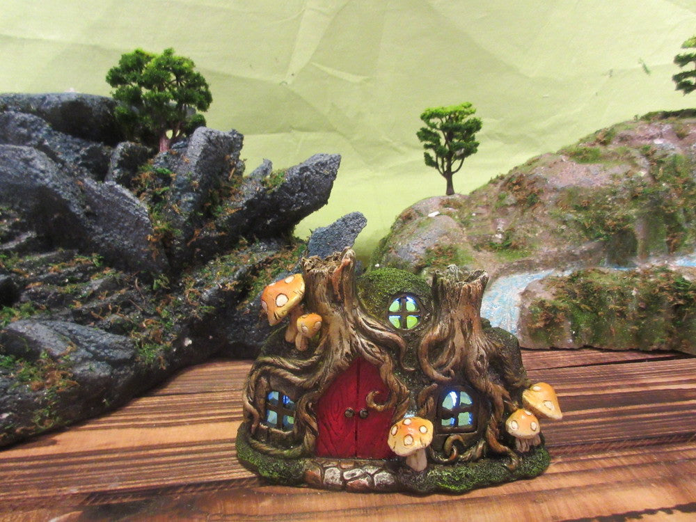 Fairy Garden-Tree Root House with Red Door & Mushrooms