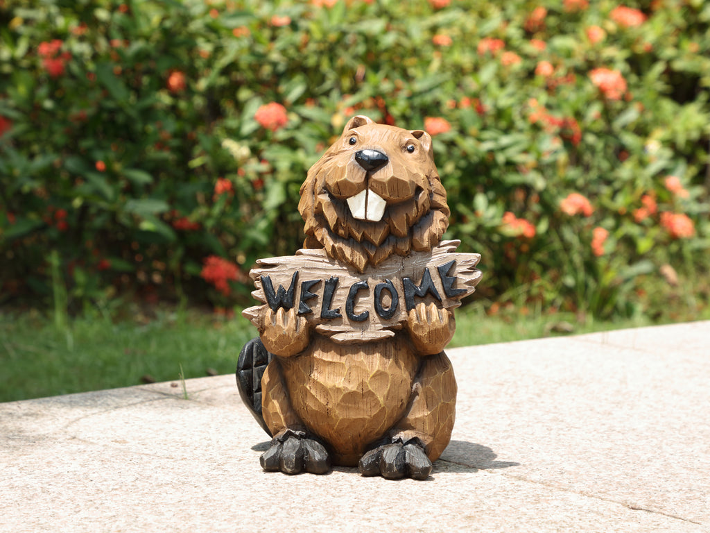 Beaver Holds Welcome Sign Statue
