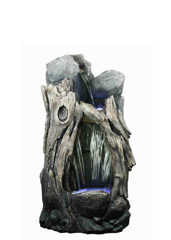 Tree Trunk and Rock Waterfall Fountain with LED Lights