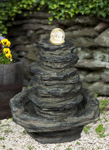 Stacked Slate Rock Fountain With Spinning Ball And Light