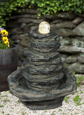 Stacked Slate Rock Fountain With Spinning Ball And Light