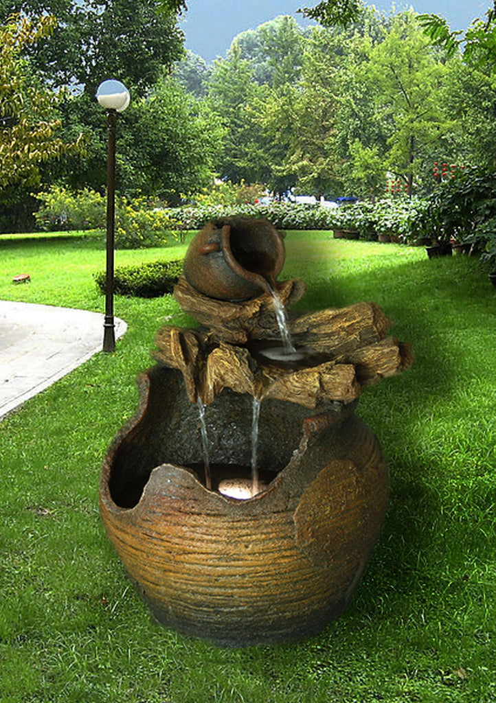 Fountain-Jug On Log Pouring Into Large Jug with LED