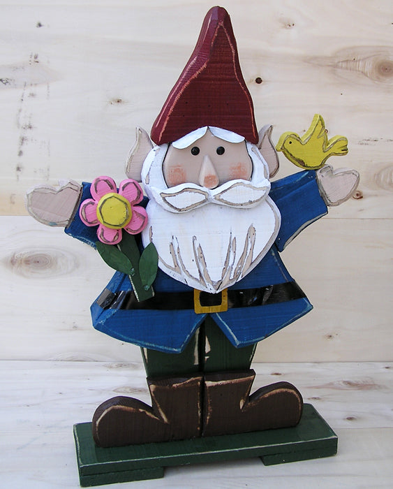 Wooden Gnome in Blue Jacket with Flower And Bird