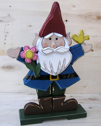 Wooden Gnome in Blue Jacket with Flower And Bird