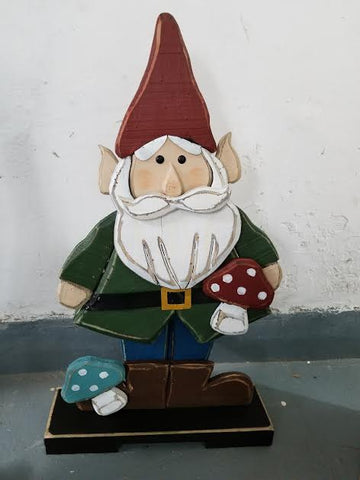 Wooden Gnome in Green Jacket with Mushrooms