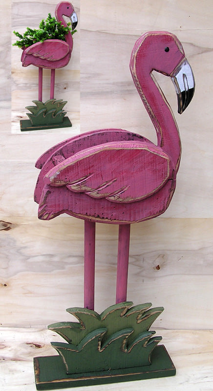 Wooden Pink Flamingo Planter